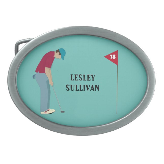 Golfer Putting Ball Themed Teal Blue Belt Buckle (Front)