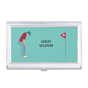 Golfer Putting Ball Themed Teal Blue Business Card Case