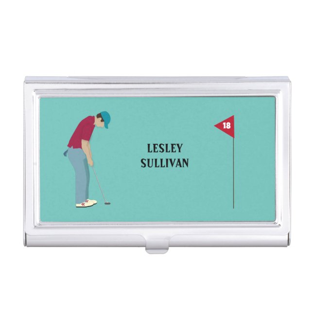 Golfer Putting Ball Themed Teal Blue Business Card Case (Front)