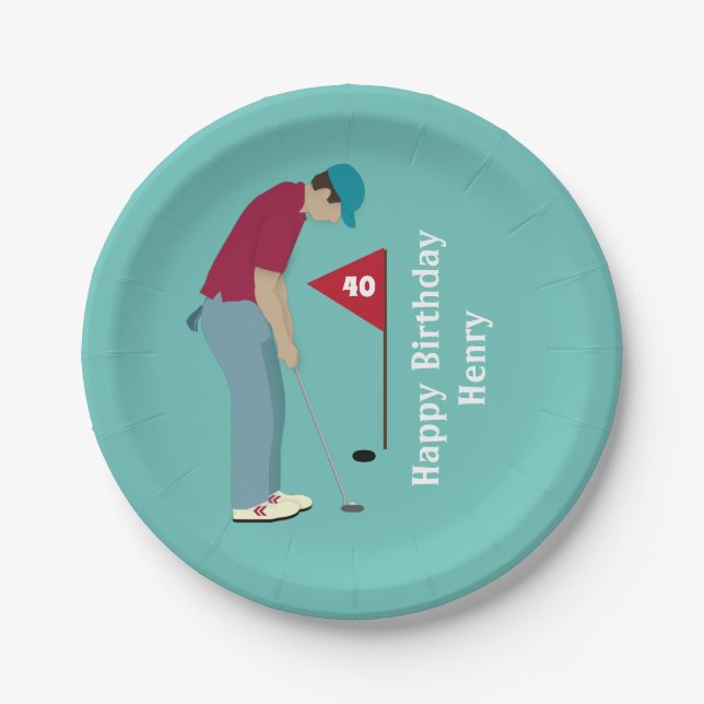 Golfer Putting Birthday  Paper Plates (Front)
