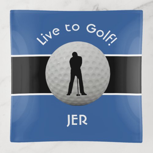 Golfer Quote Monogrammed Initials Black White Blue Trinket Tray