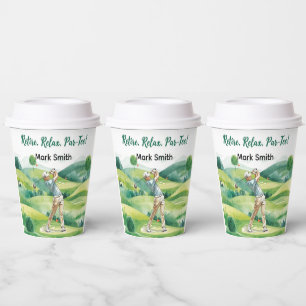 Golfer retirement par tee party golfing on course paper cups
