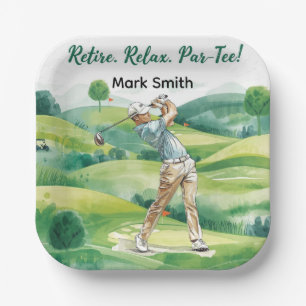 Golfer retirement par tee party golfing on course paper plates