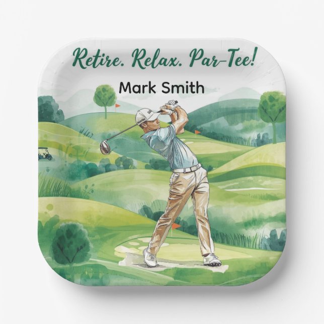Golfer retirement par tee party golfing on course paper plates (Front)