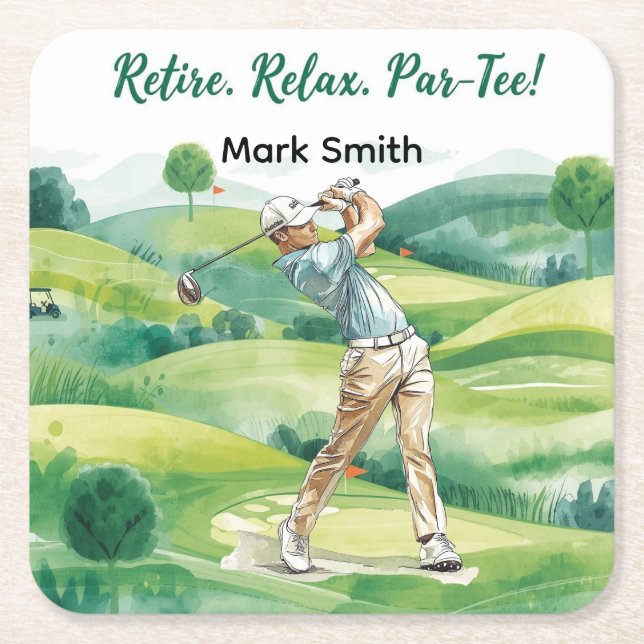 Golfer retirement par tee party golfing on course square paper coaster (Front)