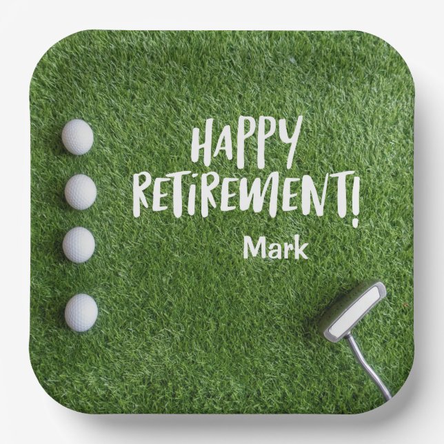 Golfer Retirement Party with golf balls on green Paper Plates (Front)