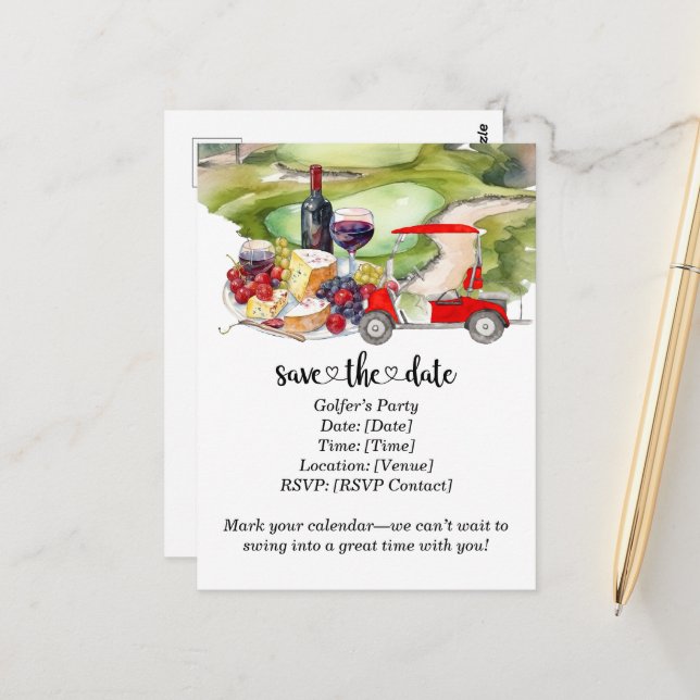 Golfer’s Cheese & Wine Party – Save the Date! Postcard (Front/Back In Situ)