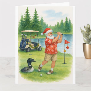 Golfer Santa Claus Golfing at Lake Holiday Card
