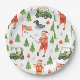 Golfer Santa Claus Golfing in Minnesota on Green Paper Plates