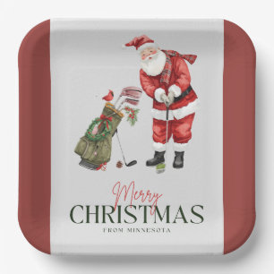 Golfer Santa Claus Golfing in Minnesota on Green Paper Plates
