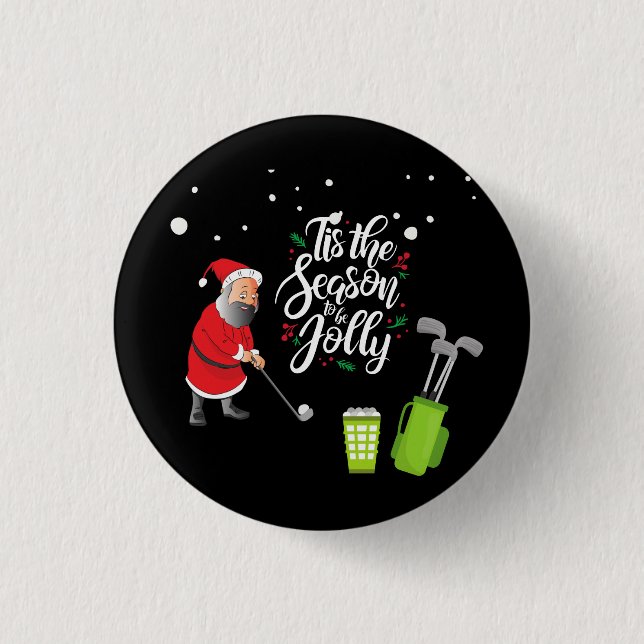 Golfer Santa Claus is golfing under snow Christmas Button (Front)