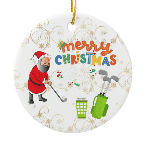 Golfer Santa Claus is golfing under snow Christmas Ceramic Ornament