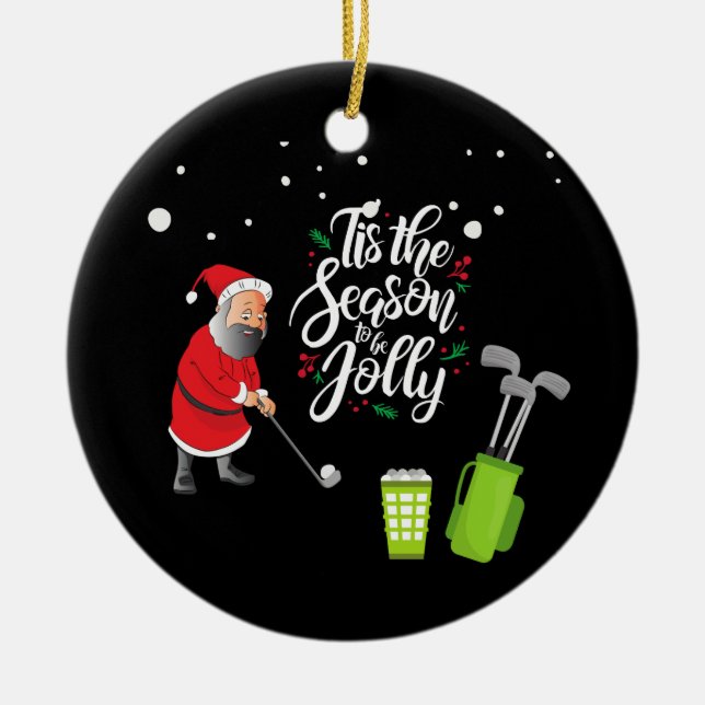 Golfer Santa Claus is golfing under snow Christmas Ceramic Ornament (Front)