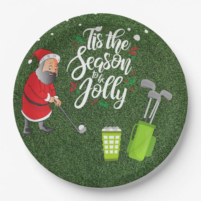 Golfer Santa Claus is golfing under snow Christmas Paper Plates (Front)