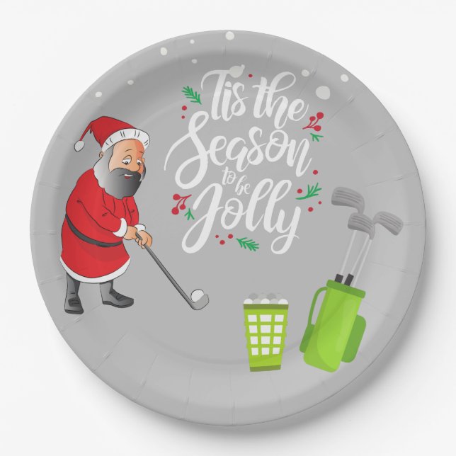 Golfer Santa Claus is golfing under snow Christmas Paper Plates (Front)