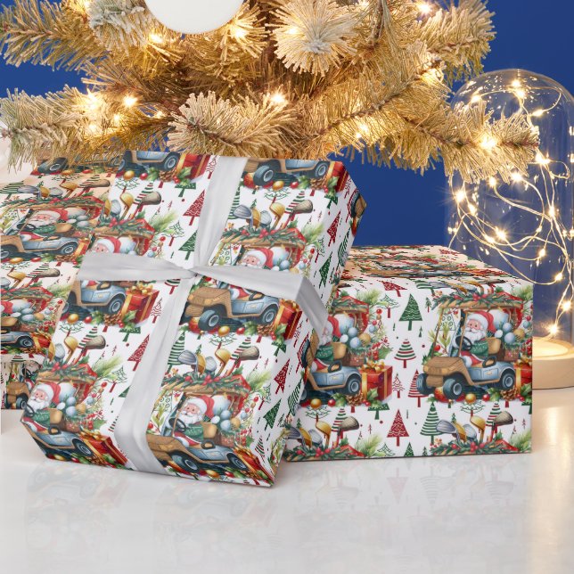 Golfer Santa Claus on Golf Cart Christmas themed Wrapping Paper (Holidays)