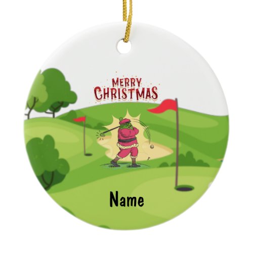 Golfer Santa Claus with Golf Cart for  Christmas   Ceramic Ornament