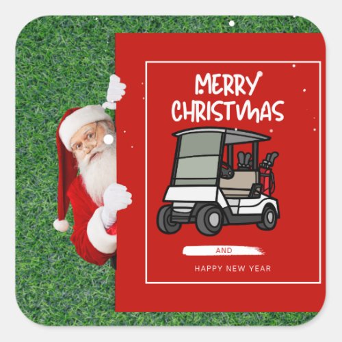 Golfer  Santa Claus with Golf Cart Merry Christmas Square Sticker