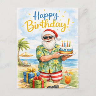 Golfer Santa Hat hold Birthday Cake in Party Postcard
