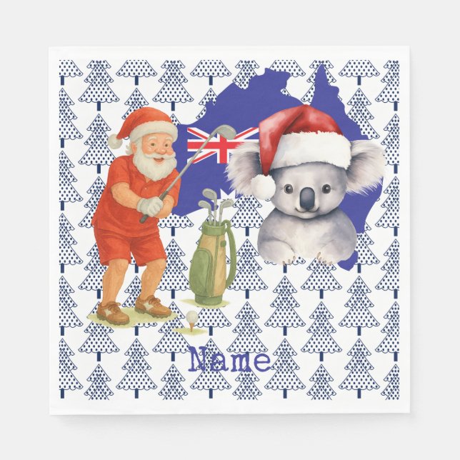 Golfer Santa with Koala Bear on Australia Map Napkins (Front)