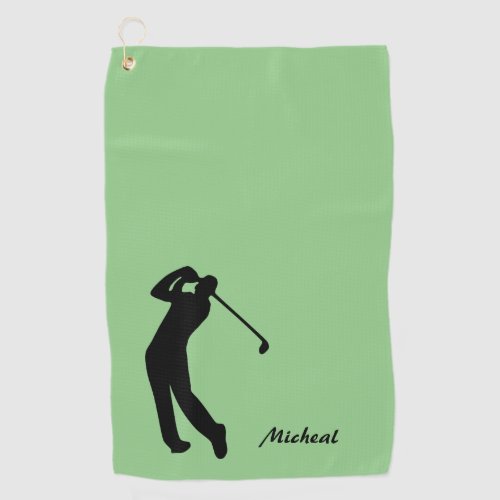 Golfer Silhouette Black Green Monogram Golf Towel