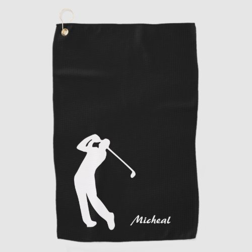 Golfer Silhouette Black White Monogram Golf Towel