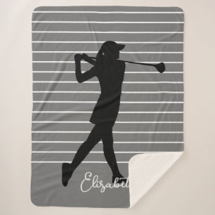 Golfer Silhouette Female Monogram Name Black Gray Sherpa Blanket