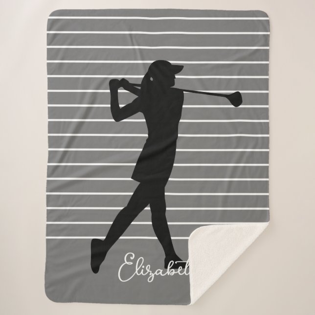 Golfer Silhouette Female Monogram Name Black Gray  Sherpa Blanket (Front)