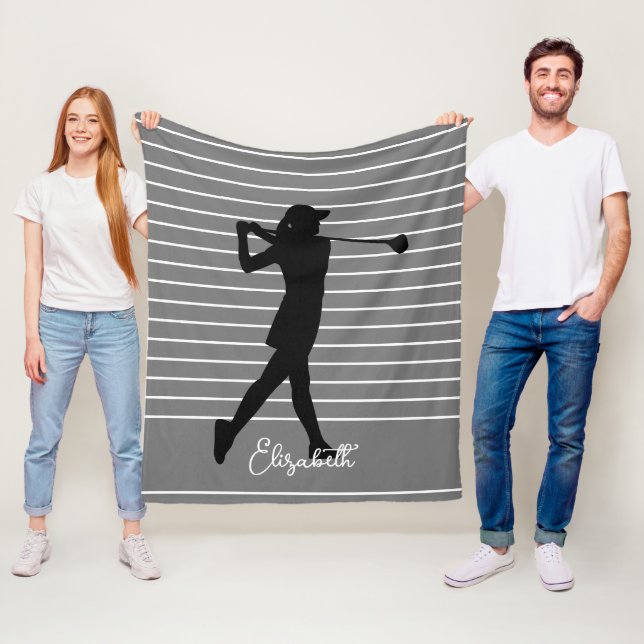 Golfer Silhouette Female Monogram Name Gray Black Fleece Blanket (In Situ)