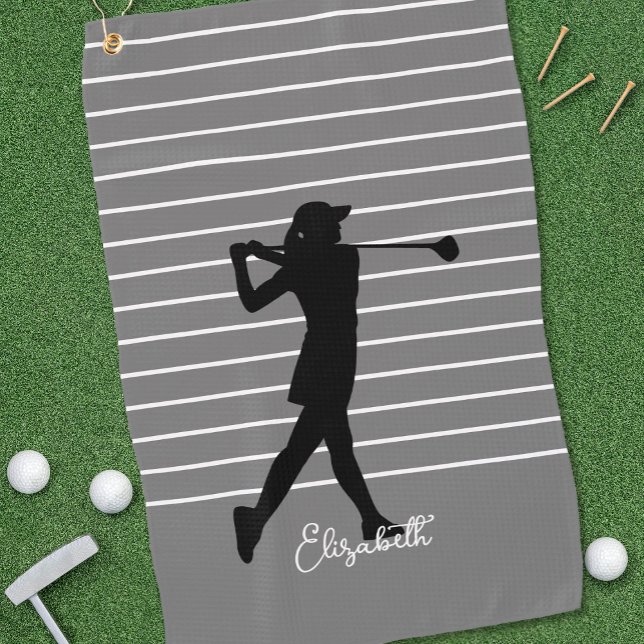 Golfer Silhouette Monogrammed Name Black Gray  Golf Towel (Creator Uploaded)