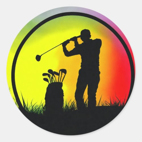 Golfer Silhouette Playing Golf at Sunset Classic Round Sticker