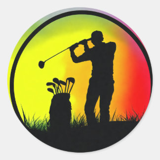 Golfer Silhouette Playing Golf at Sunset Classic Round Sticker