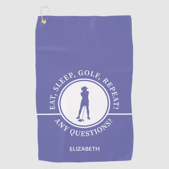 Golfer Silhouette Sports Periwinkle Blue Funny Golf Towel (Front)