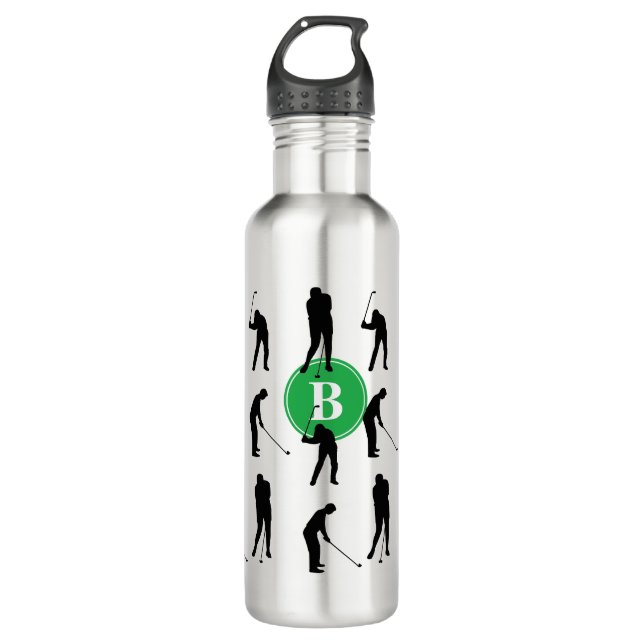 Golfer Silhouettes Pattern Monogram Stainless Steel Water Bottle (Front)