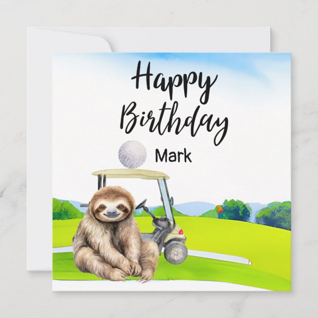 Golfer sloth is golfing on green birthday  card (Front)