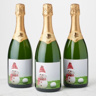Golfer Snowman with golf ball on Christmas Holiday Champagne Label
