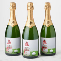 Golfer Snowman with golf ball on Christmas Holiday Champagne Label