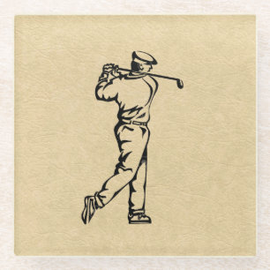 Golfer Sport Design Leather Look Glass Coaster