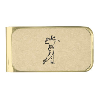 Golfer Sport Design Leather Look Gold Finish Money Clip