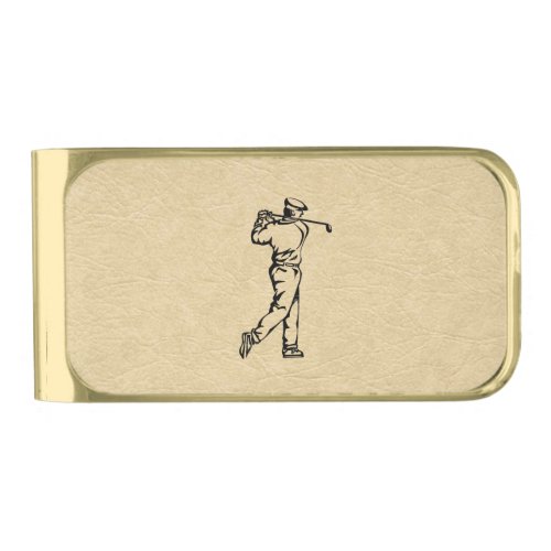 Golfer Sport Design Leather Look  Gold Finish Money Clip