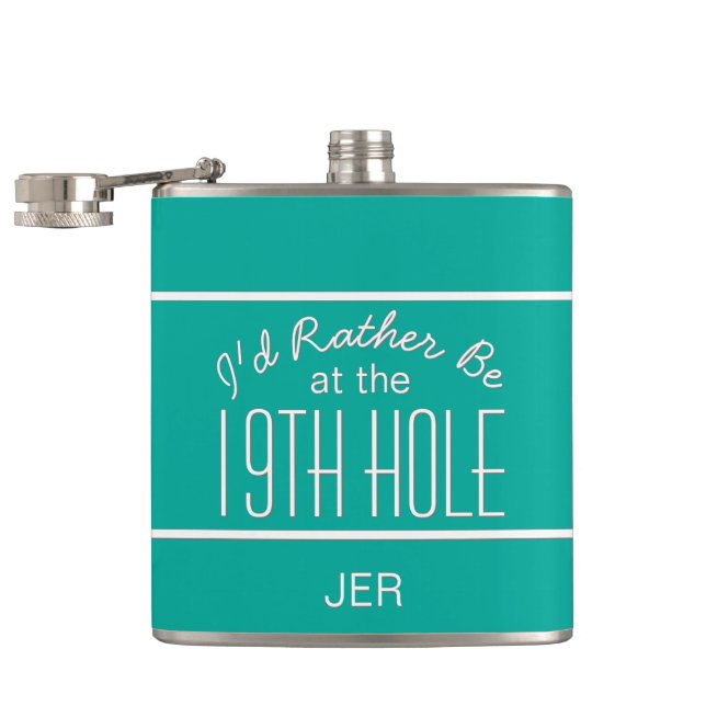 Golfer Sports Nineteenth Hole Monogram Teal Flask (Opened)