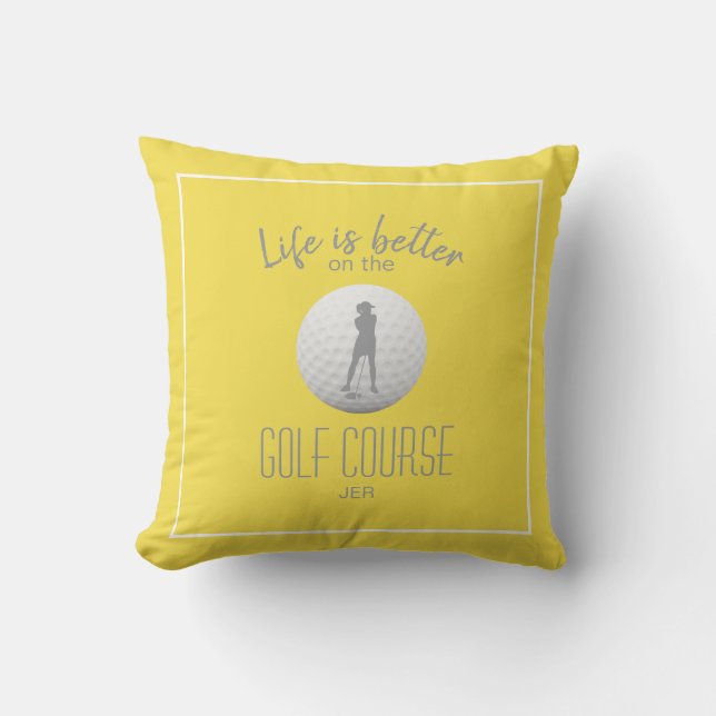 Golfer Sports Quote Monogrammed Yellow & Gray Throw Pillow (Front)