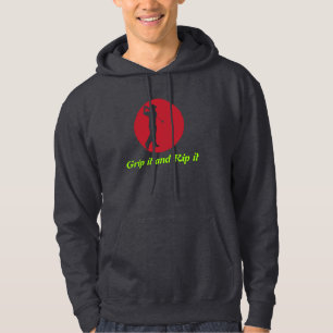 Golfer swinging driver dark gray hoodie