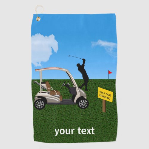 Golfer Taking Shot Beside His Cart Golf Towel