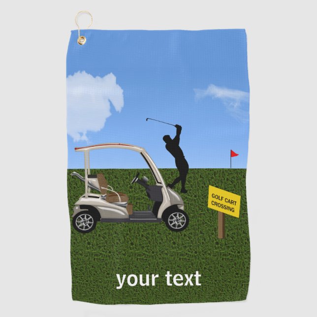 Golfer Taking Shot Beside His Cart Golf Towel (Front)