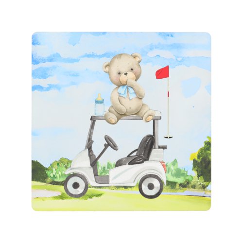 Golfer Teddy Bear on Golf Cart for Baby BOY   Metal Print