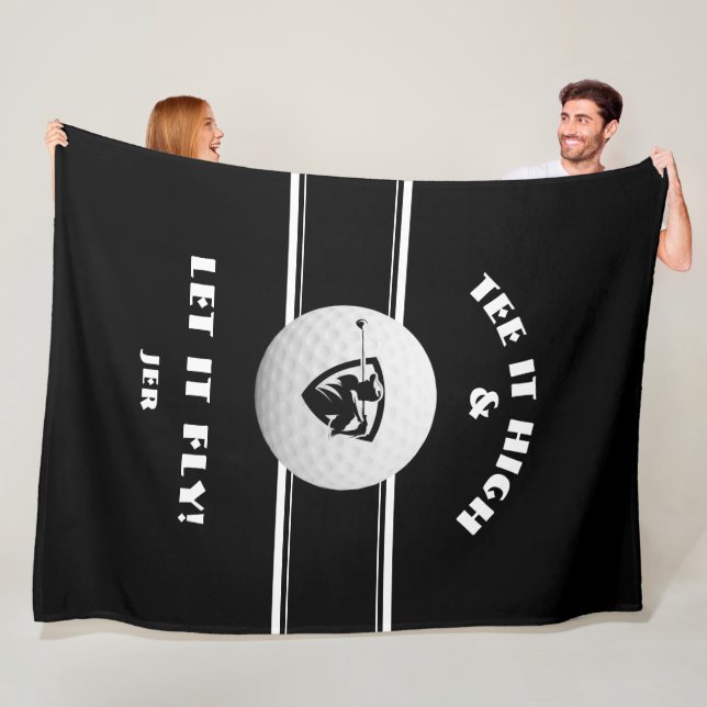 Golfer Tee It High Monogrammed Black Sports Custom Fleece Blanket (In Situ)