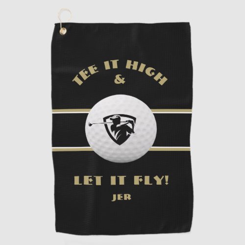 Golfer Tee It High Monogrammed Sports Black Gold Golf Towel