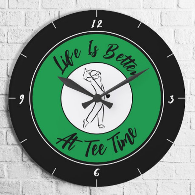 Golfer Tee Time Humor Funny Golf Sport Black Green Large Clock (Creator Uploaded)