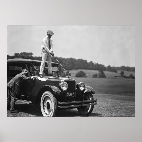 Golfer Teeing Off on Top of Car Black and White Poster